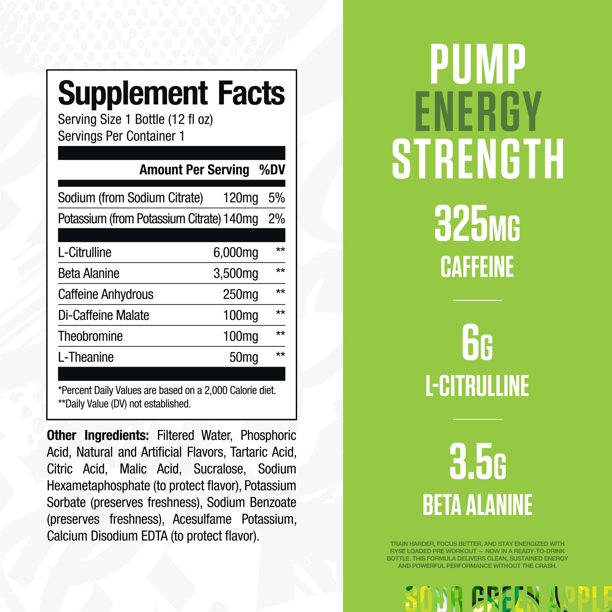 RYSE Loaded Pre Workout Sour Punch Green Apple bottle side view highlighting sugar-free energy.
