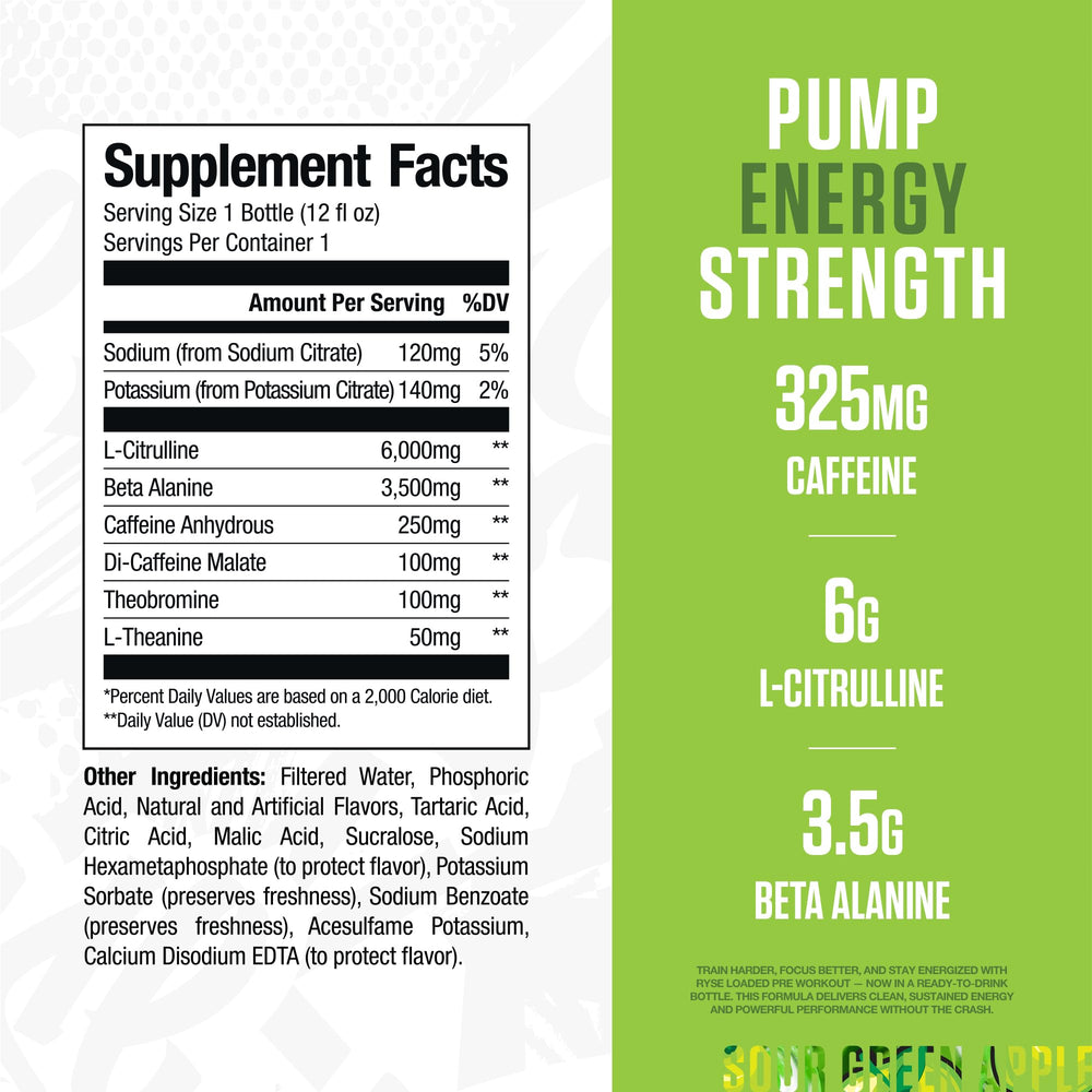 RYSE Loaded Pre Workout Sour Punch Green Apple bottle side view highlighting sugar-free energy.