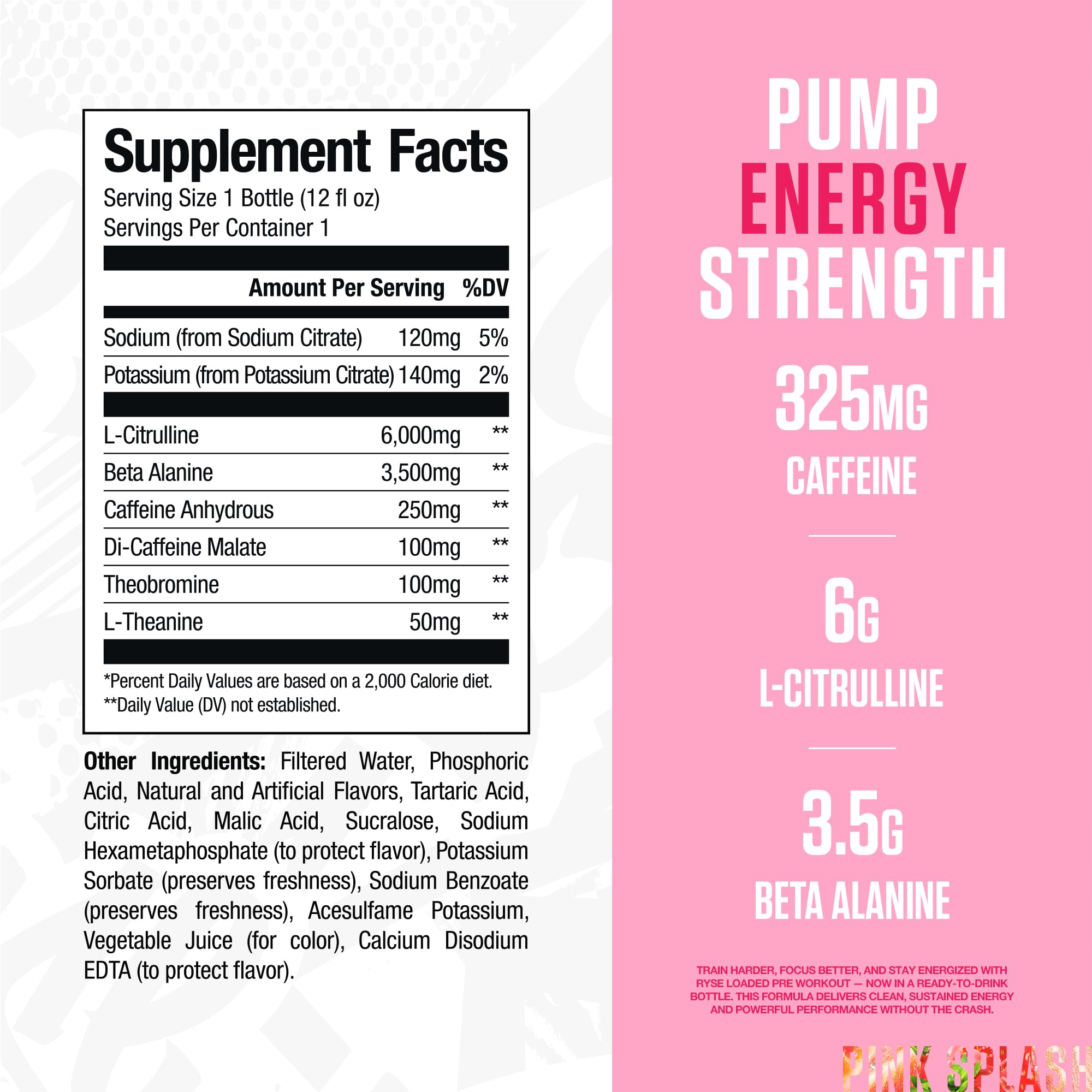 RYSE Pink Splash side view bottle highlight convenient ready-to-drink energy for training