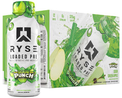 RYSE Up Preentrenamiento sabor manzana verde frente a la botella con energía rápida