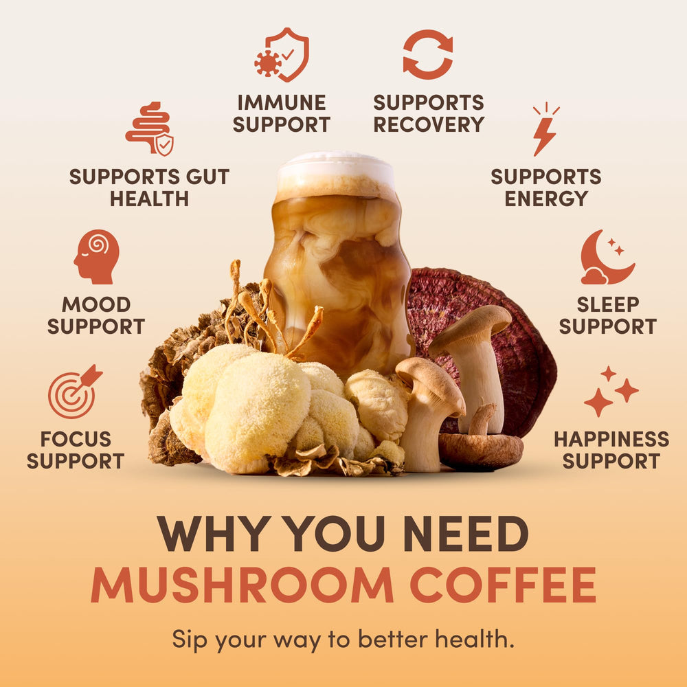 RYZE Mushroom Coffee scoop and mug illustrates easy serving for busy mornings.