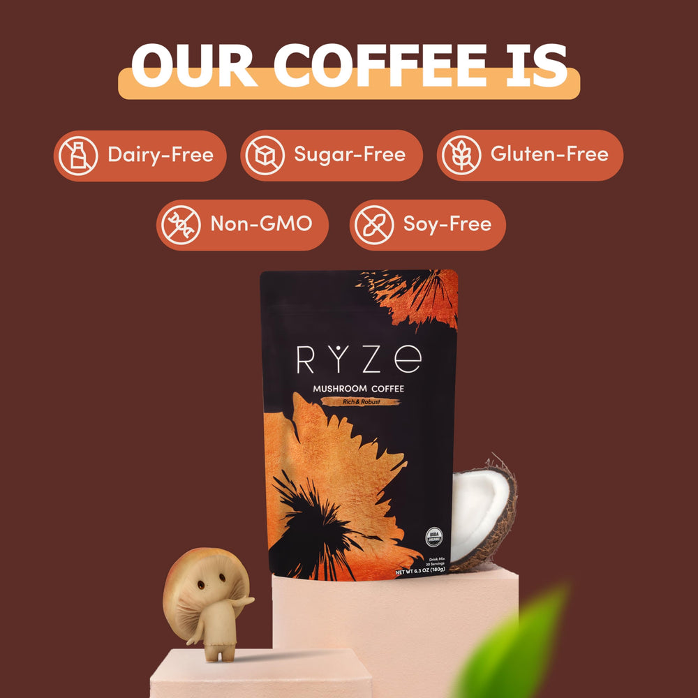 Illustration of six adaptogenic mushrooms in the RYZE blend