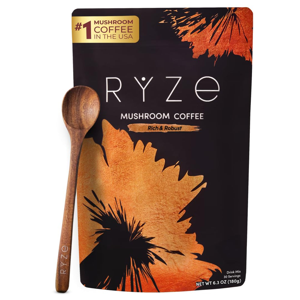 RYZE SUPERFOODS Mushroom Coffee Dark Roast cup for bold flavor and focused energy