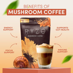 RYZE Mushroom Coffee bag and six-adaptogen mushroom blend