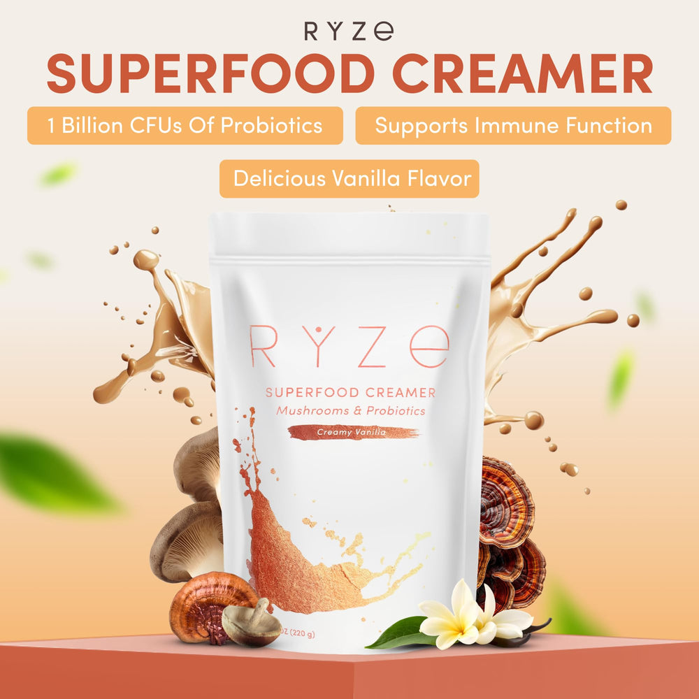 RYZE Superfood Creamer bottle with coconut vanilla notes