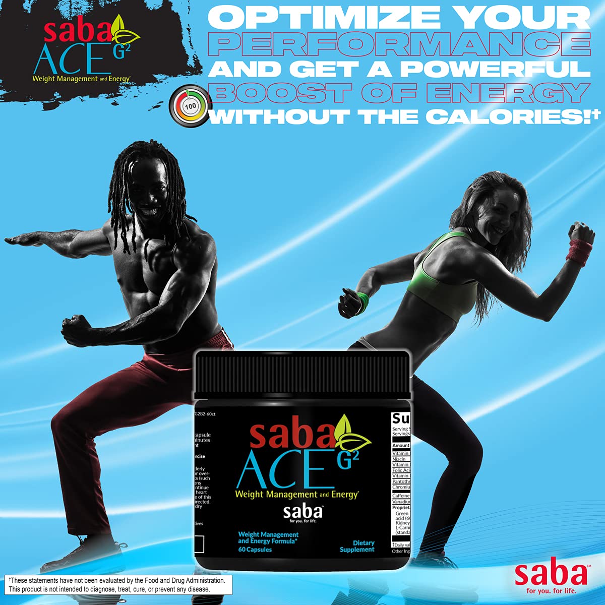 Front view of Saba ACE G2 bottle with 60 capsules