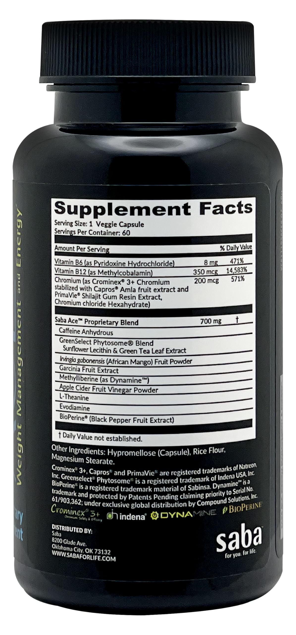Saba ACE New Formula bottle back with supplement facts