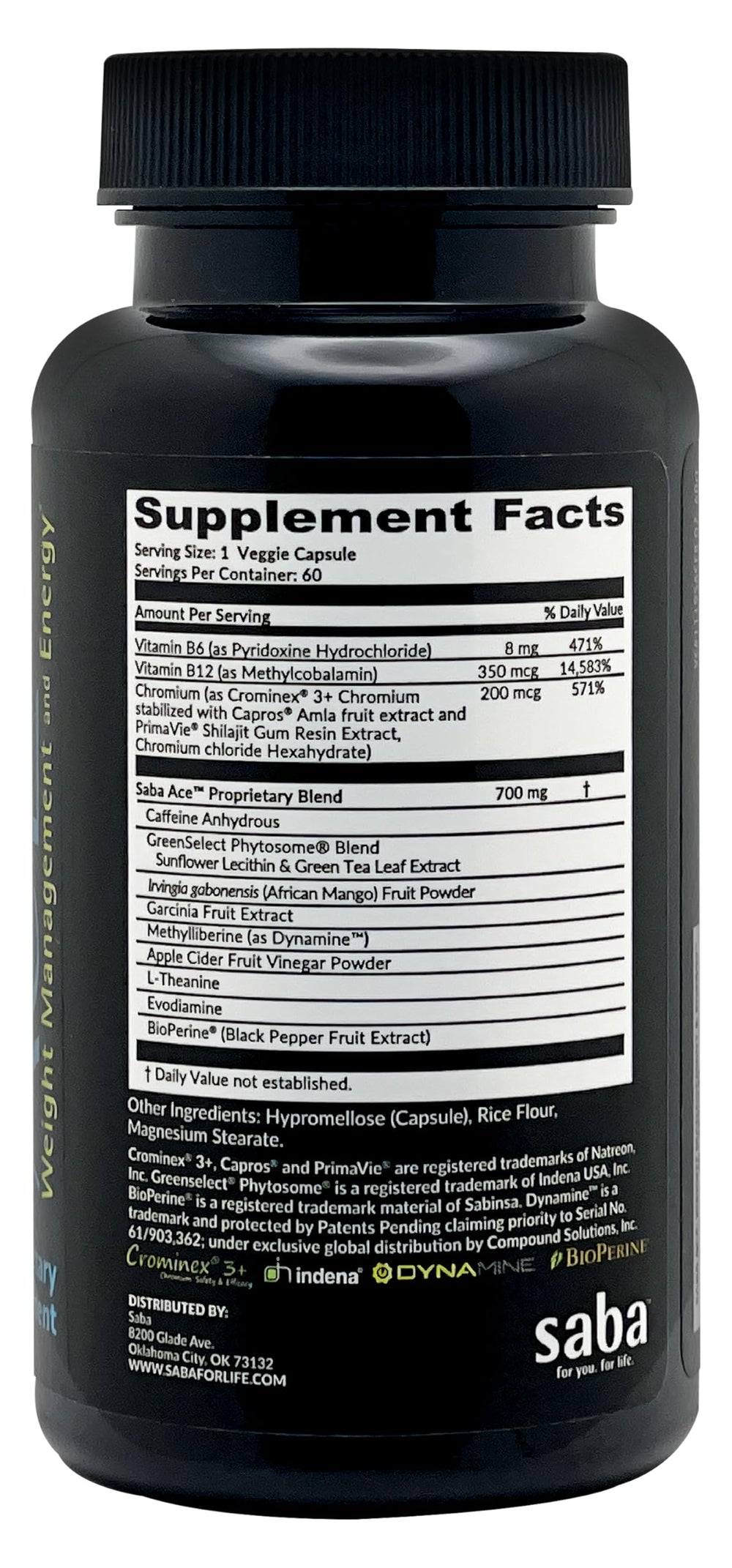 Saba ACE New Formula bottle back with supplement facts
