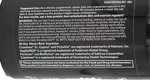 Ingredients highlight: VegiSurge, Crominex 3, ForsLean, Capsimax, BioPerine