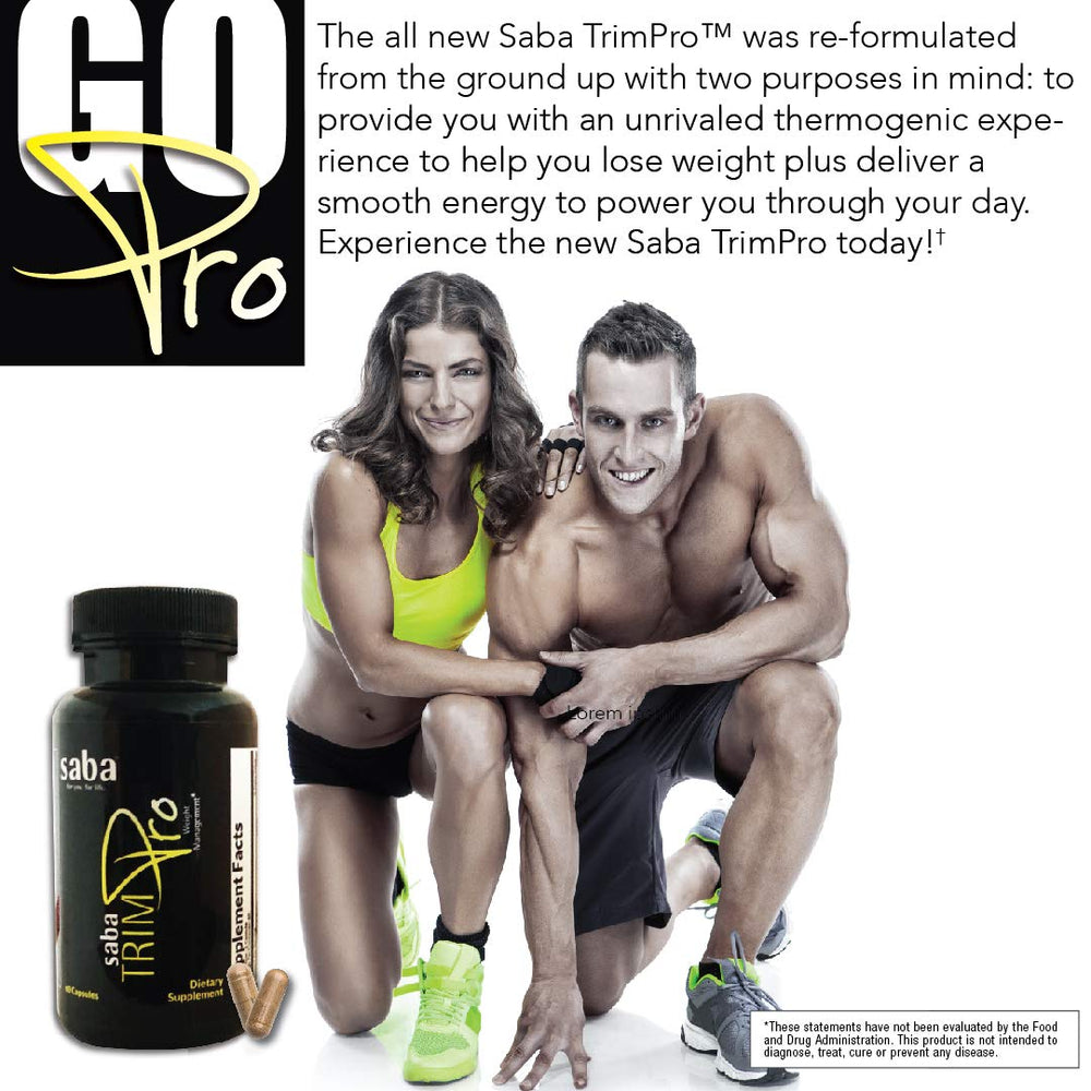 Product shot of Saba Trim Pro 60 capsules with glass of water