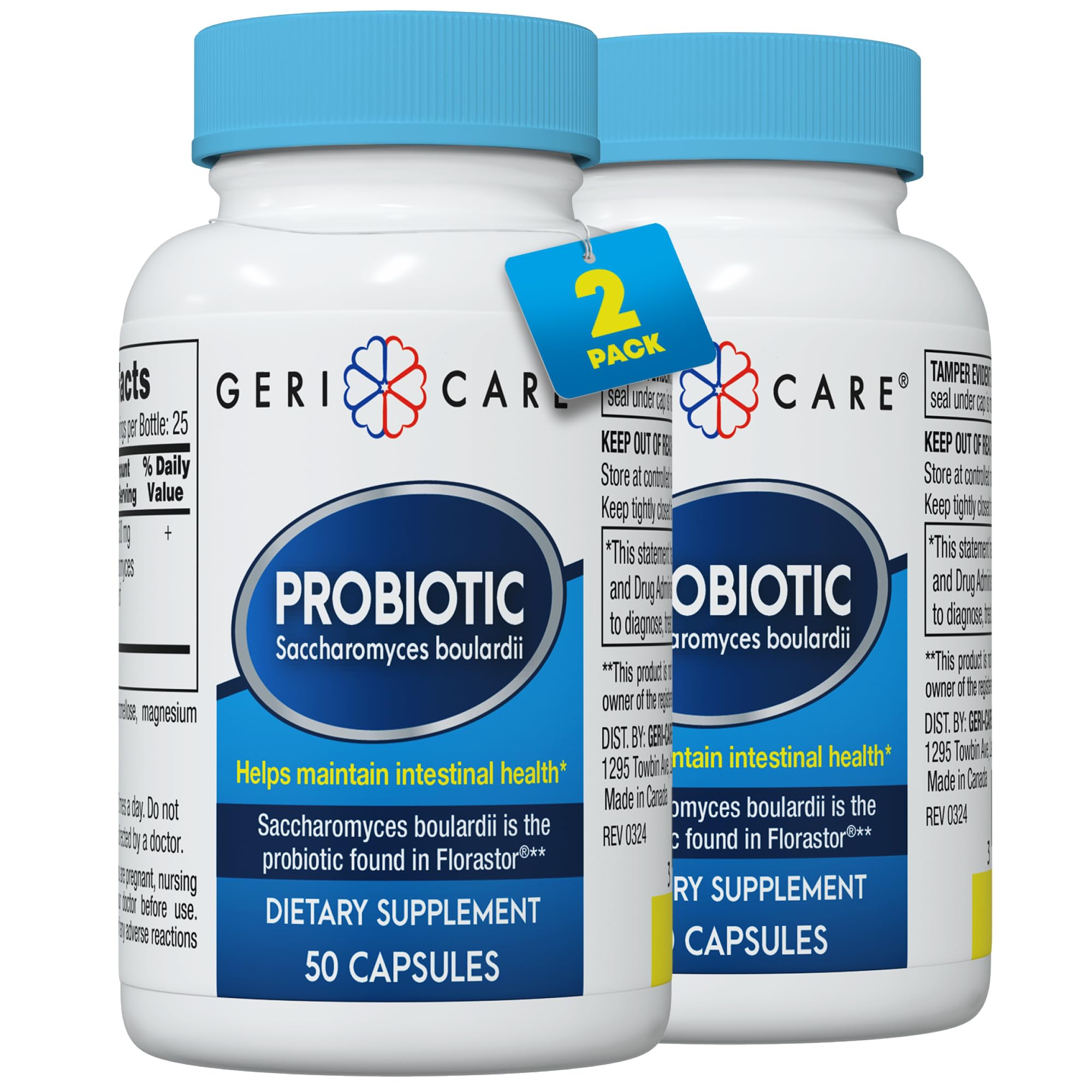 Bottle of Saccharomyces boulardii probiotic 500 mg (50 capsules) 2-pack