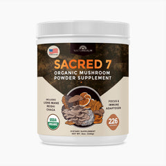 Front label of Sacred 7 Mushroom Coffee Booster