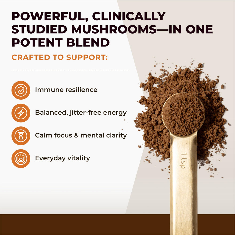 Seven functional mushrooms: Chaga, Reishi, Lion's Mane, Maitake, Turkey Tail, Shiitake, Cordyceps