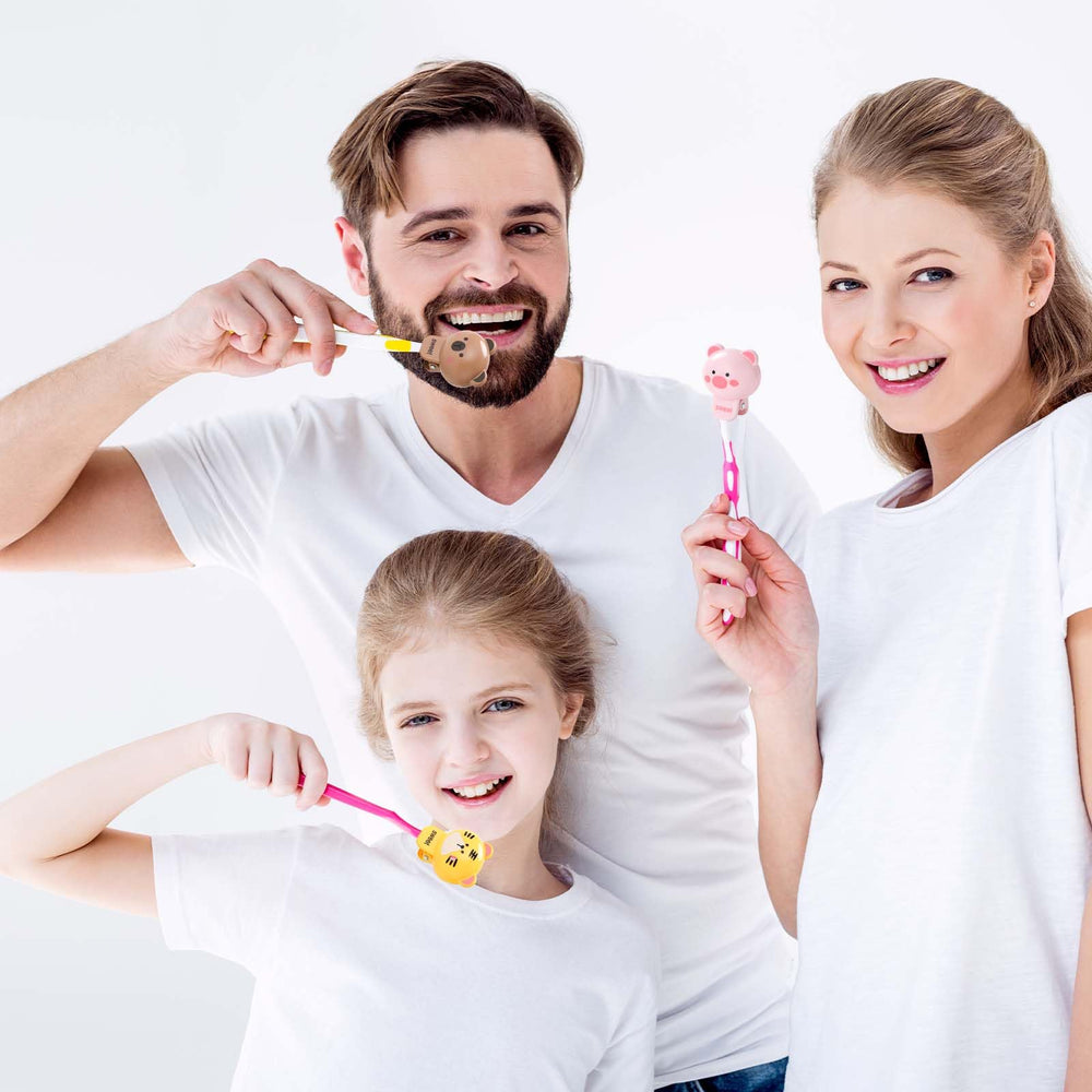 Family-friendly sacxi animal-shaped toothbrush covers in use