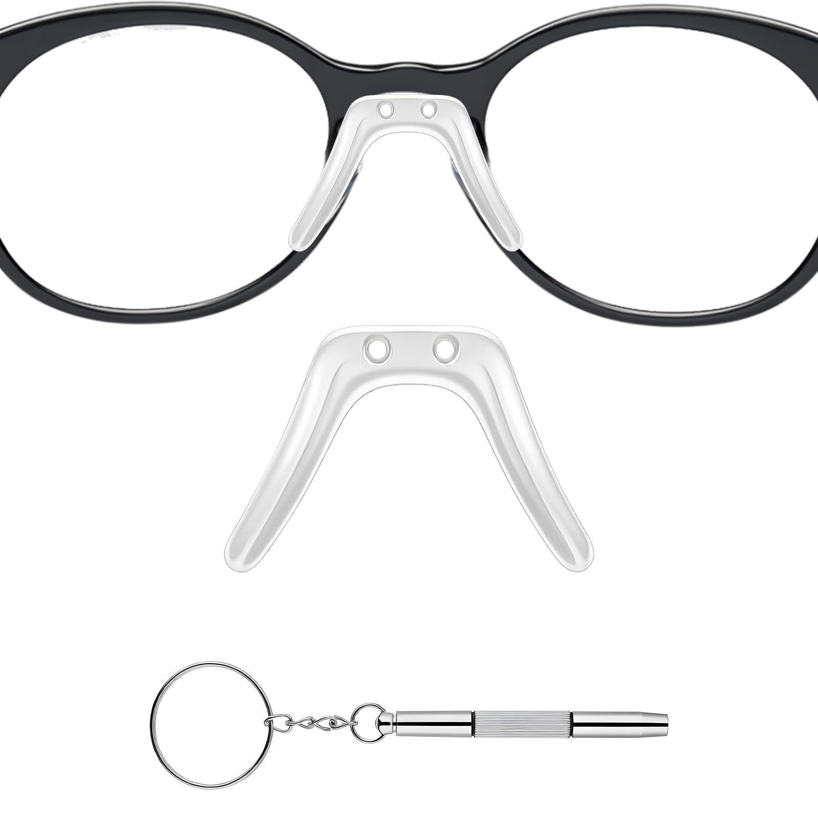 Close-up of saddle bridge eyeglass nose pad in silver silicone
