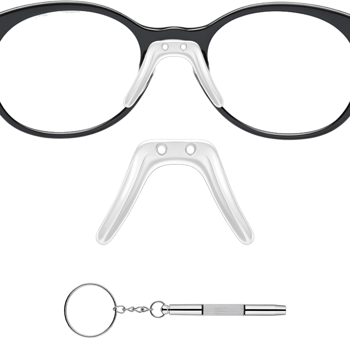 Close-up of saddle bridge eyeglass nose pad in silver silicone