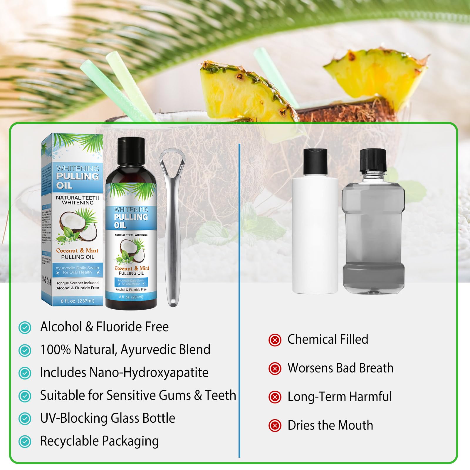 Label showing alcohol free and fluoride free features