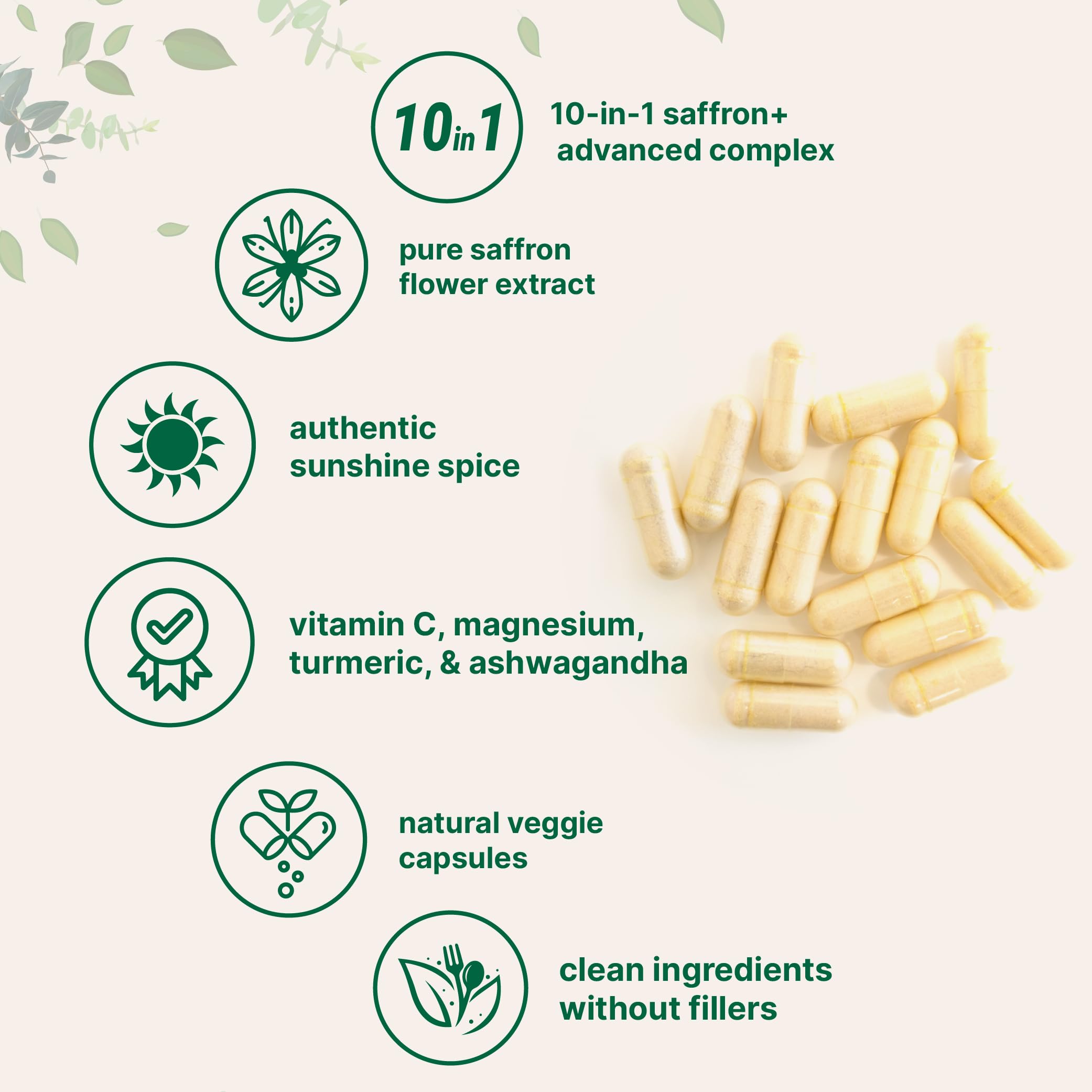 Ingredient lineup including vitamin C, magnesium glycinate, St. John's Wort, passionflower, L-theanine, turmeric extract, KSM-66 ashwagandha, rhodiola, and black pepper