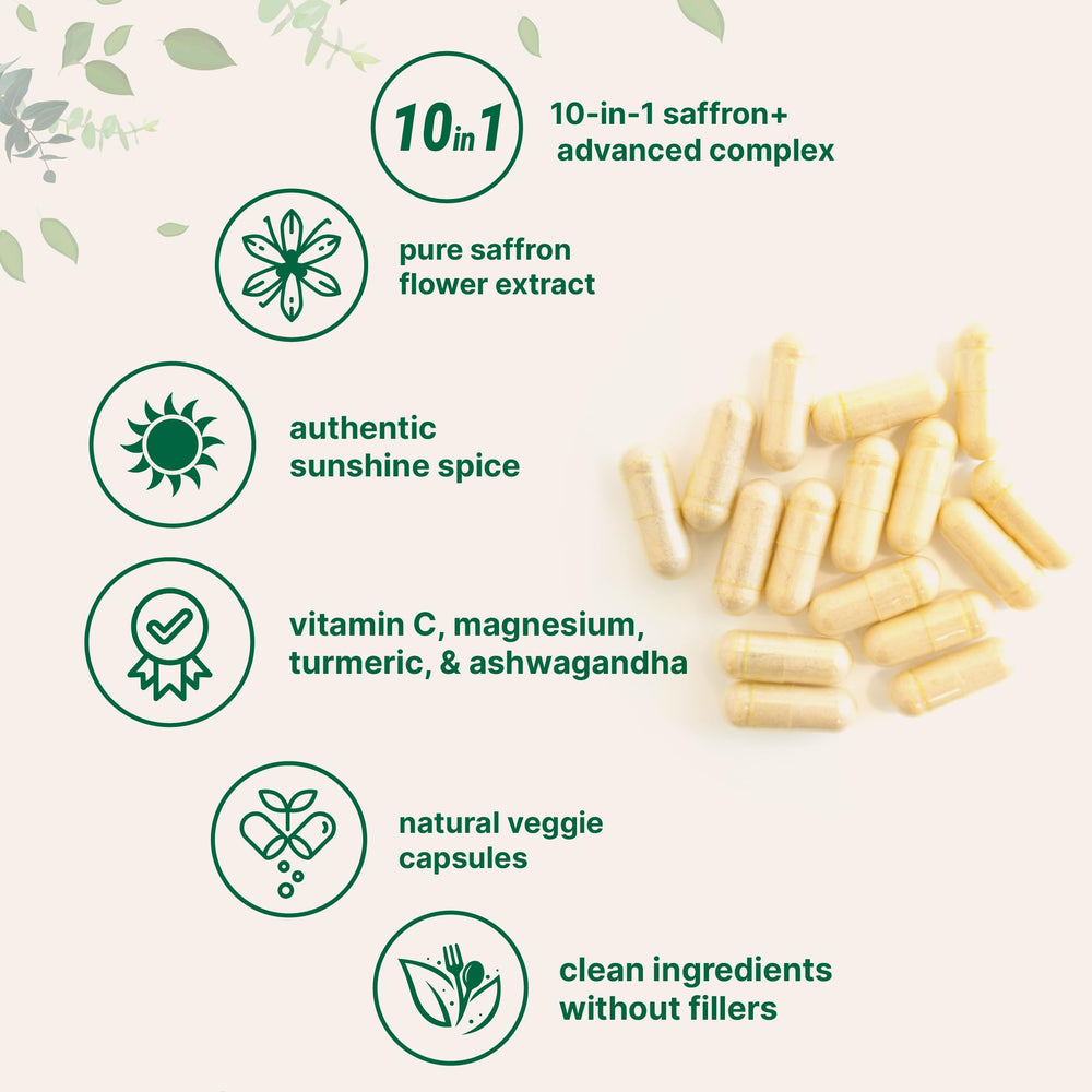 Ingredient lineup including vitamin C, magnesium glycinate, St. John's Wort, passionflower, L-theanine, turmeric extract, KSM-66 ashwagandha, rhodiola, and black pepper