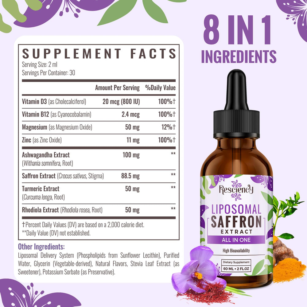 Close-up of saffron liposomal drops in glass vial