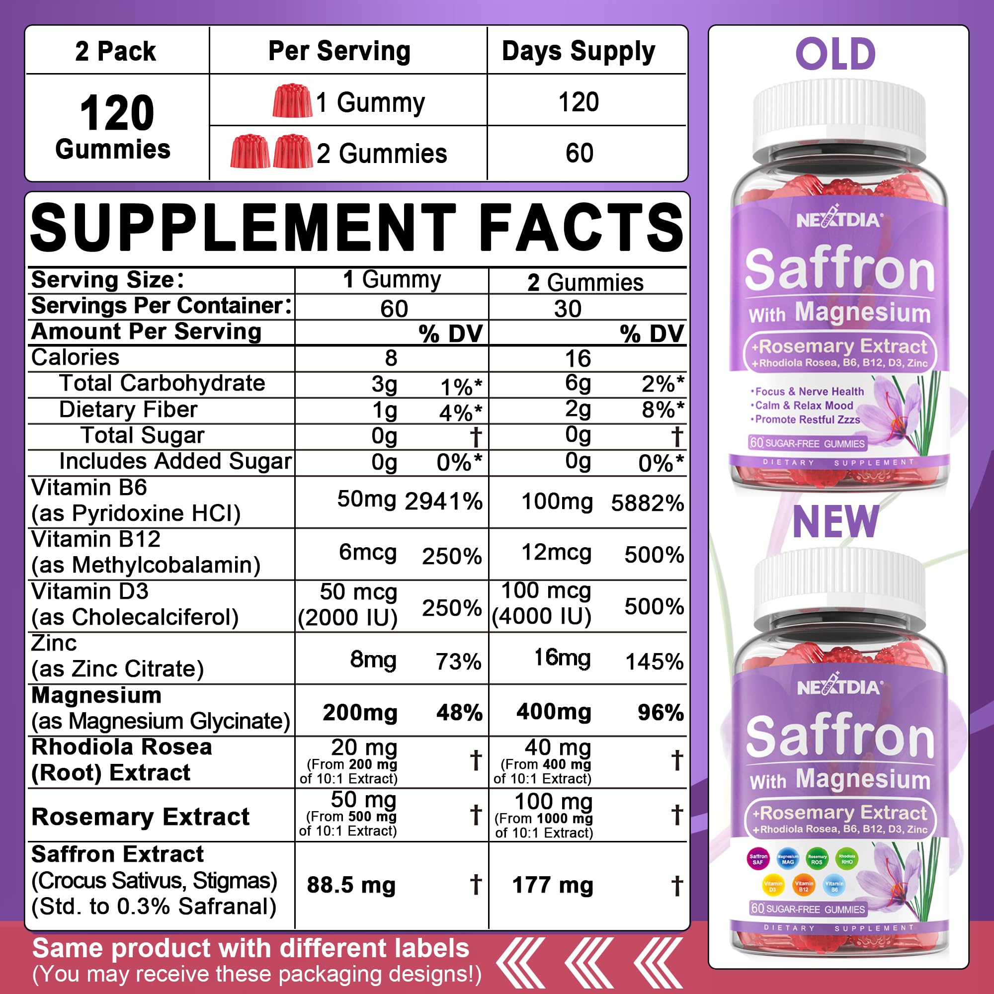 Label showing saffron extract 177mg and 88.5mg