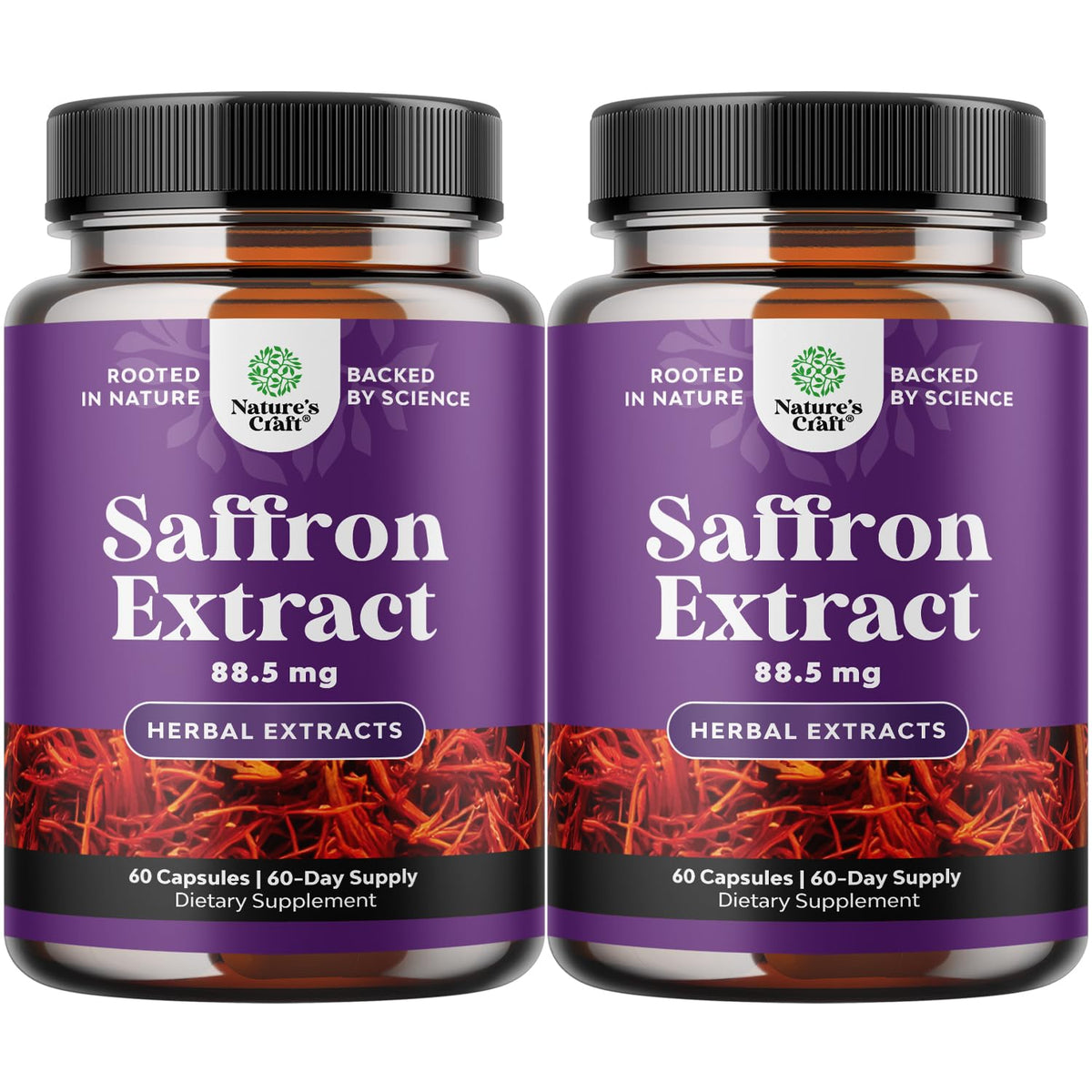 Saffron extract capsules bottle and packaging label