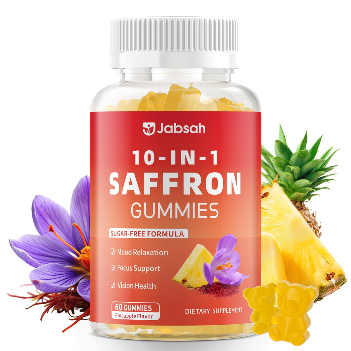 Front view of saffron gummies bottle with label