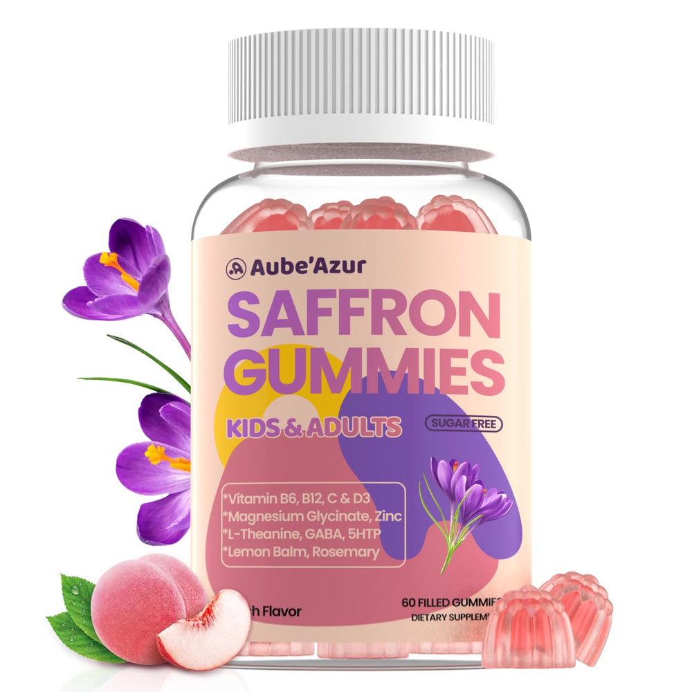 Hero image showing saffron gummies bottle for kids and adults.