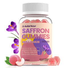 Hero image showing saffron gummies bottle for kids and adults.