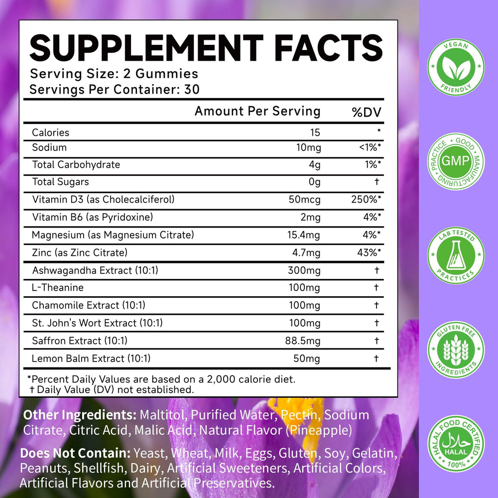 Packaging image showing saffron gummies, 120 count