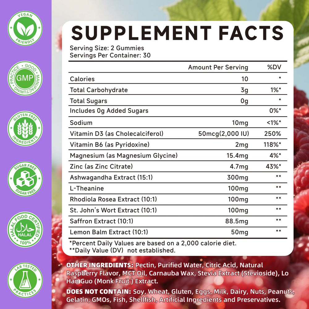 Close-up of saffron gummies with Ashwagandha, L-Theanine and Rhodiola ingredients