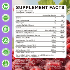 Close-up of saffron gummies with Ashwagandha, L-Theanine and Rhodiola ingredients