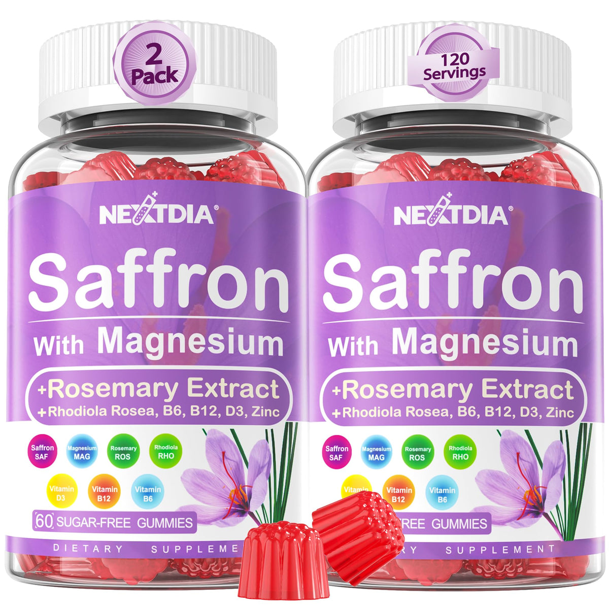 Saffron Gummies bottle showcasing 4-month supply