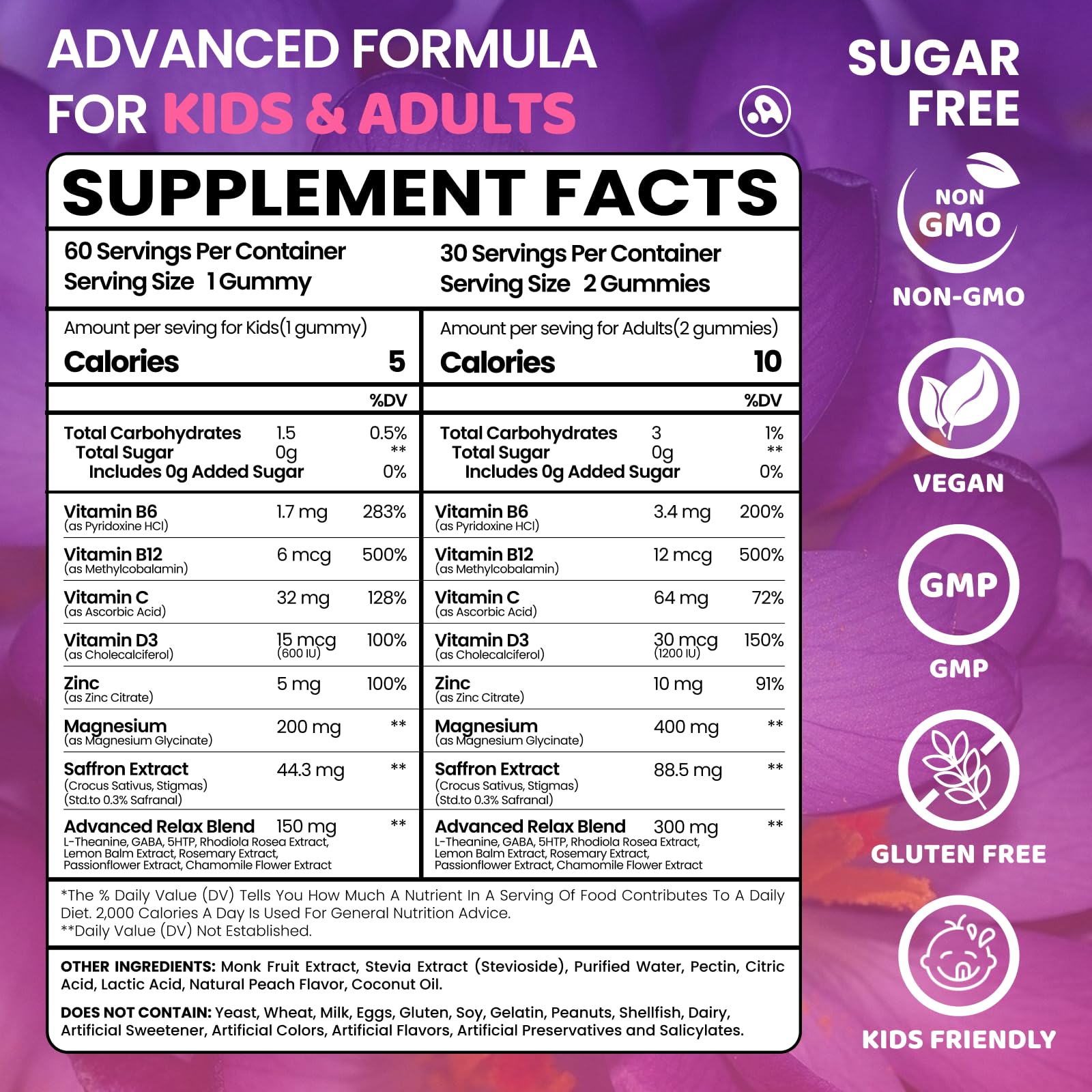 Close-up of ingredients including B6, B12, C, D3, magnesium glycinate and zinc.