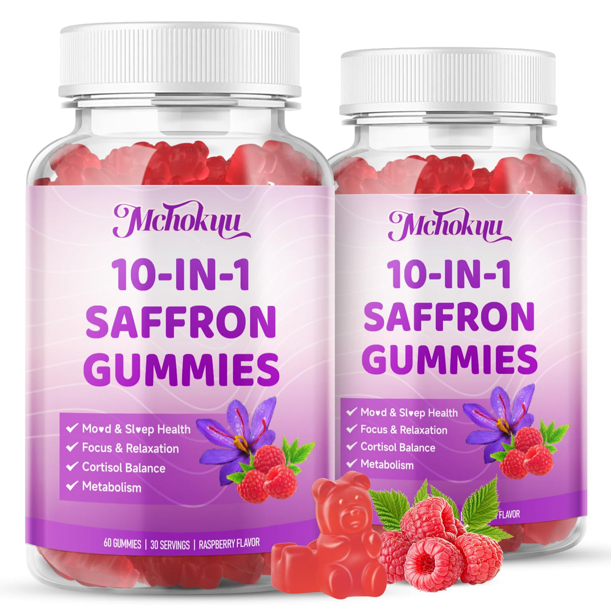 Saffron gummies for kids and adults with raspberry flavor focused on vision and calm.