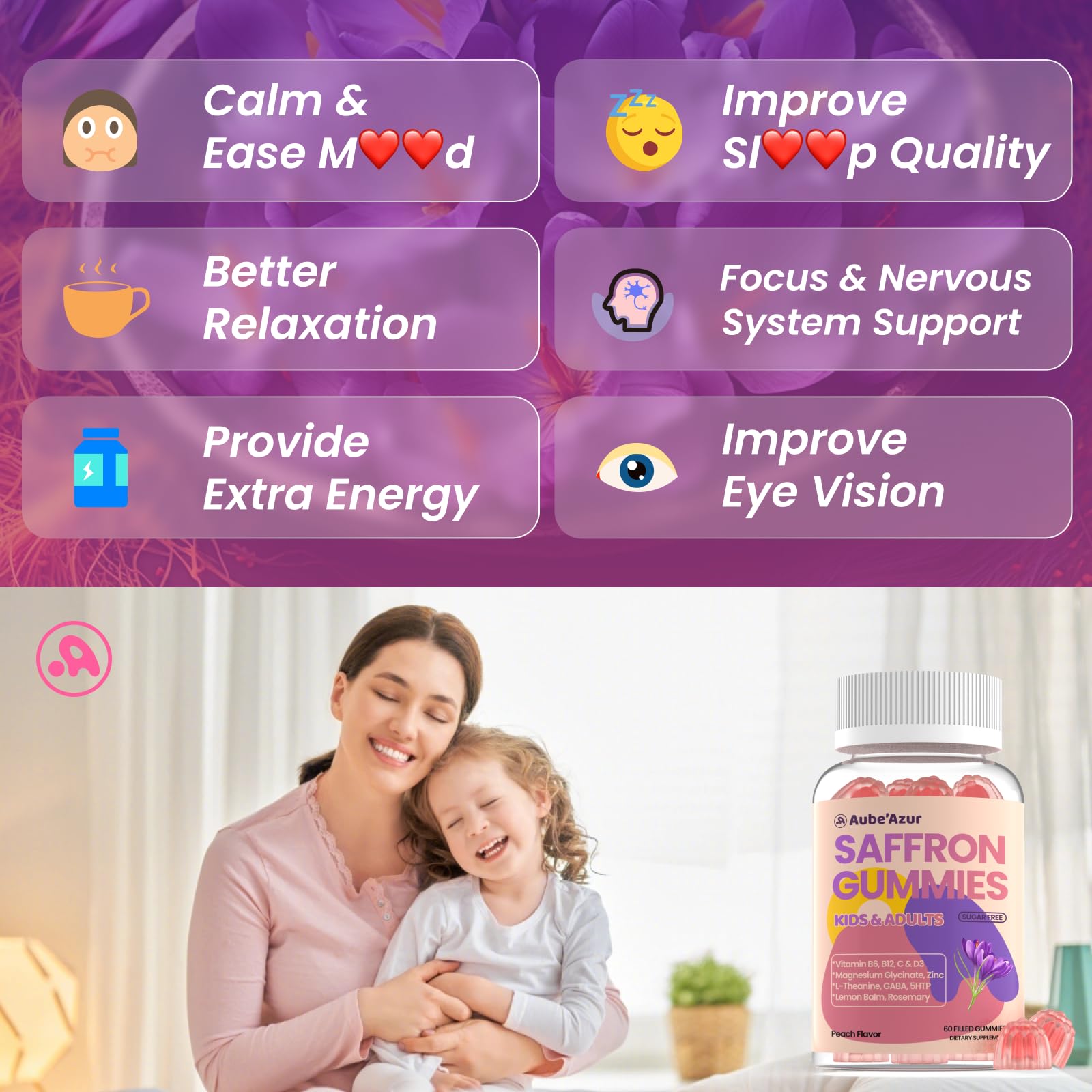 Kids enjoying saffron gummies for focus support.