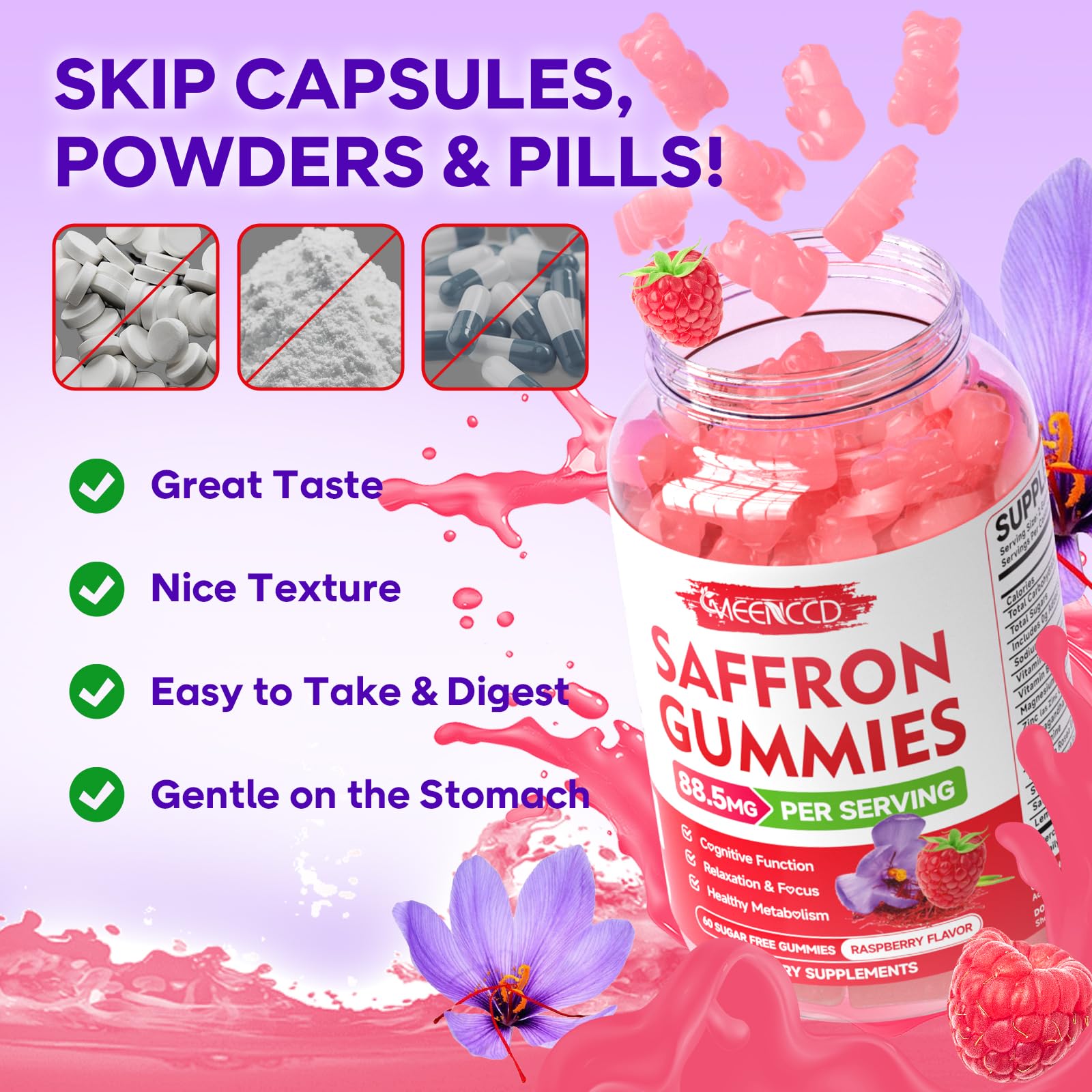 Nutrition facts panel for saffron gummies