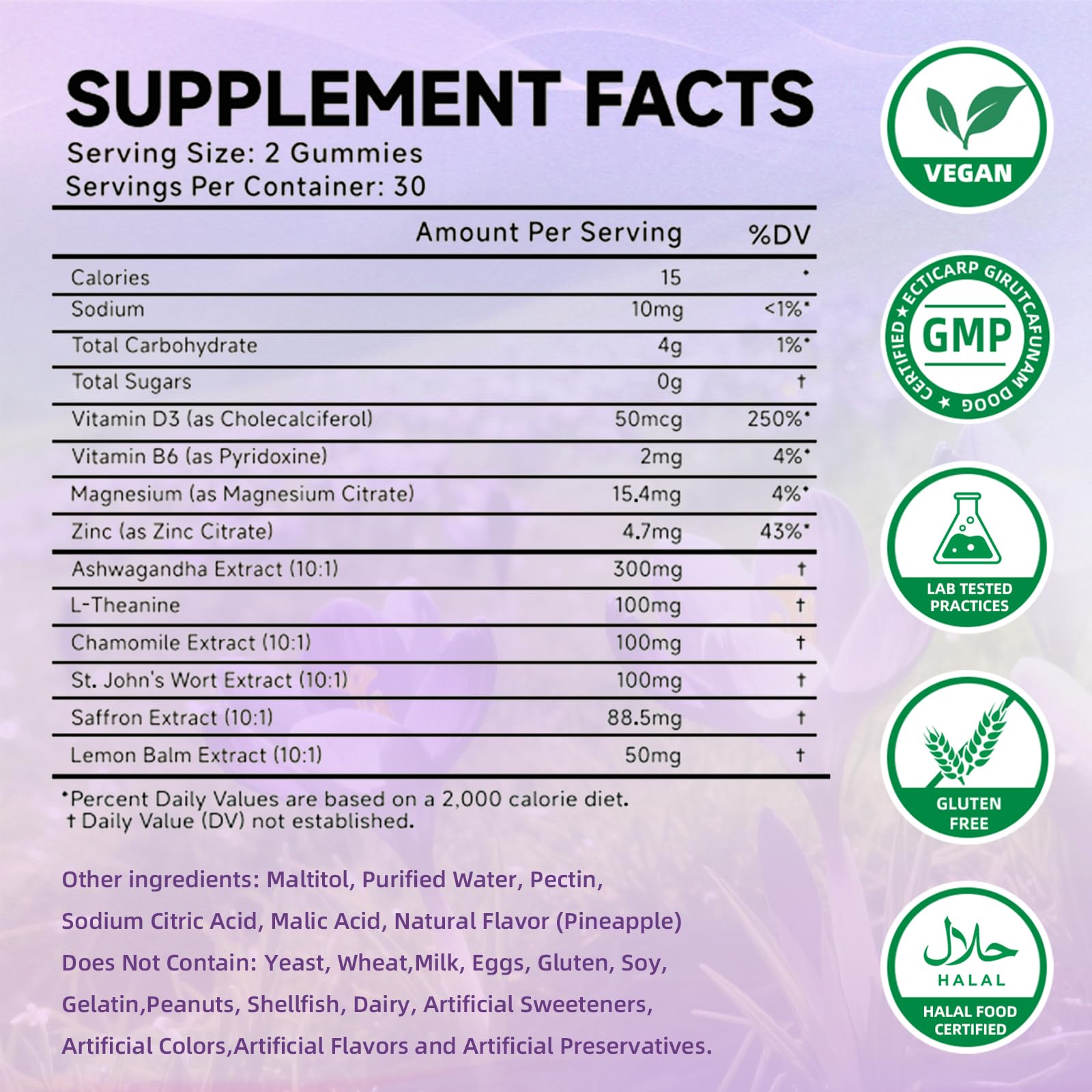 Sugar-free saffron gummies product shot with ingredients