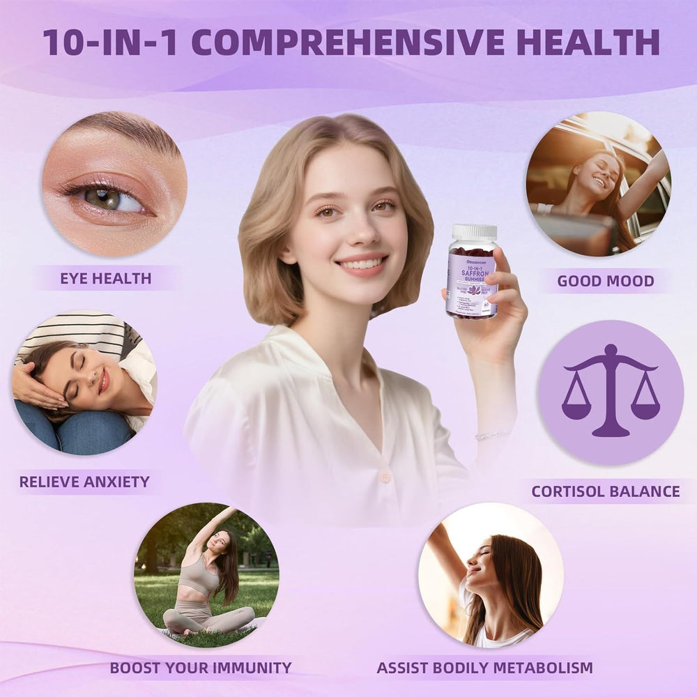 Bottle of saffron gummies with pineapple flavor on white background