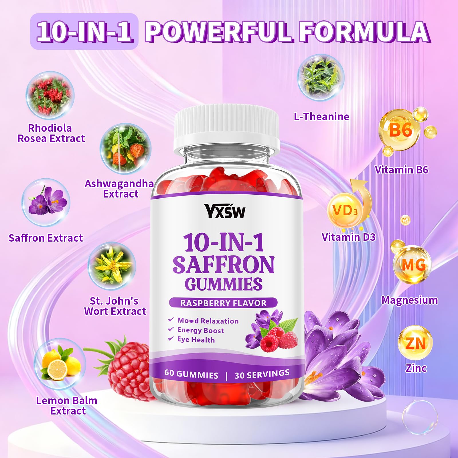 Saffron Gummies packaging showing 10-in-1 formula