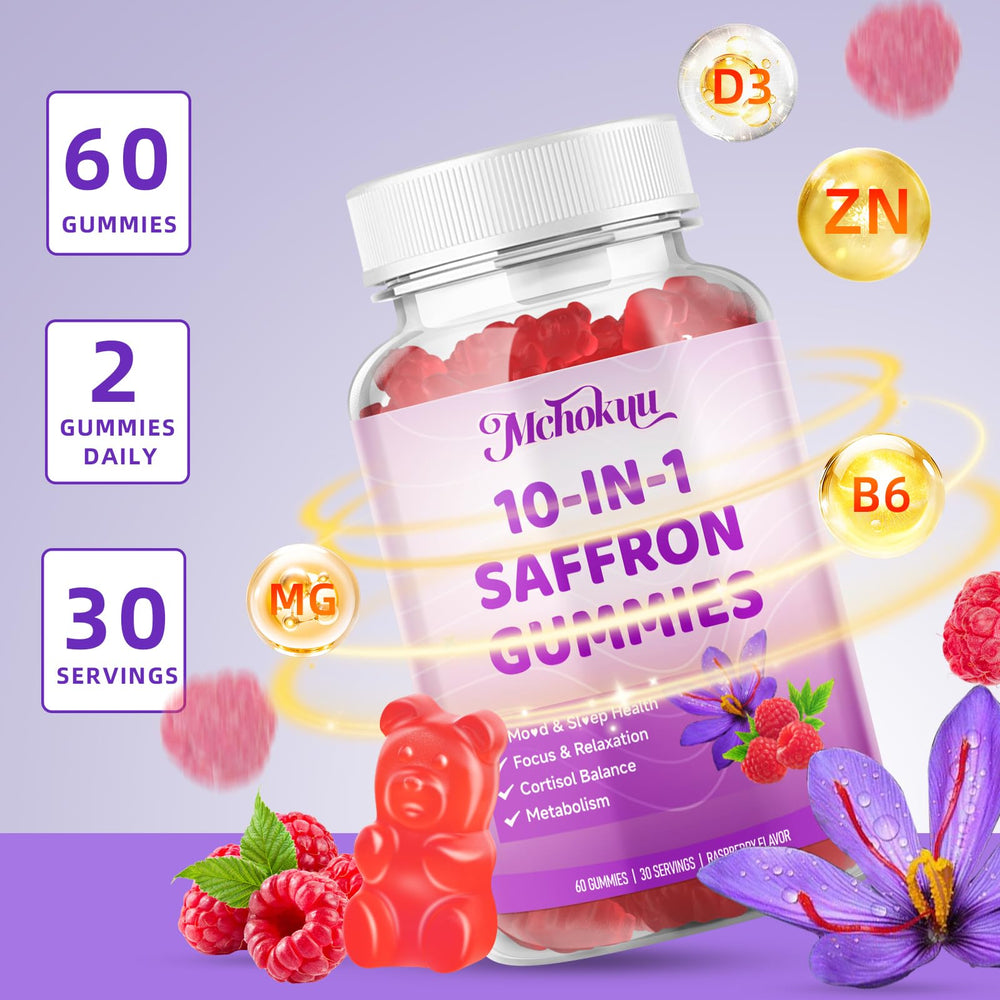 Two bottles of saffron gummies, 120-count total, raspberry flavor.