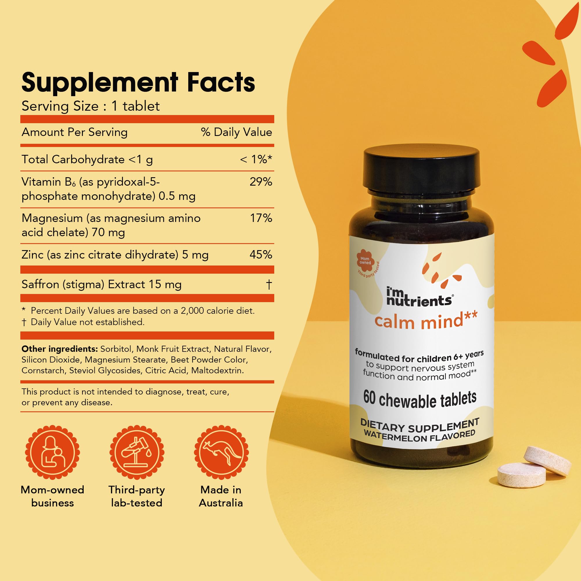 Close-up of saffron-based kids supplement with zinc, magnesium, and vitamin B6