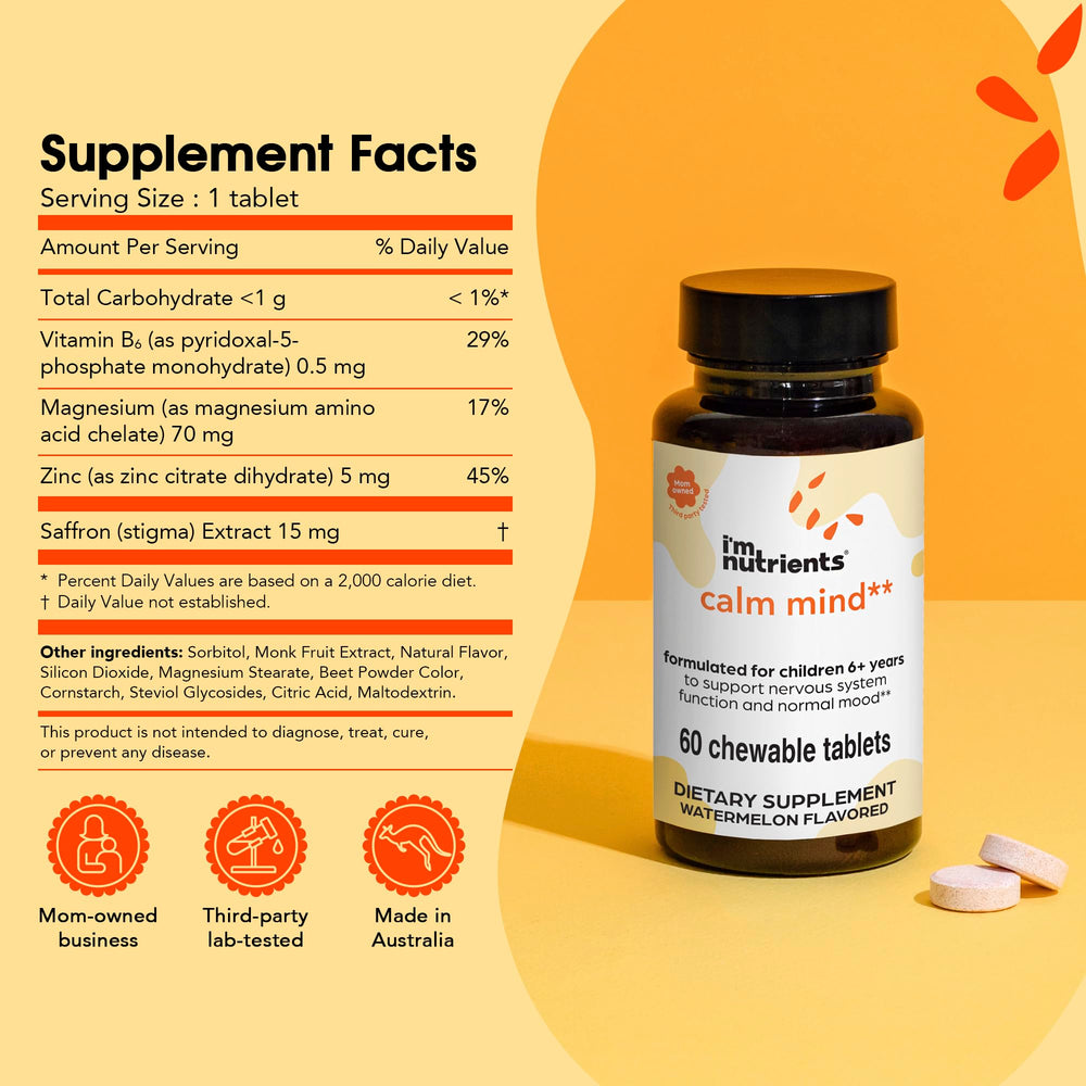 Close-up of saffron-based kids supplement with zinc, magnesium, and vitamin B6