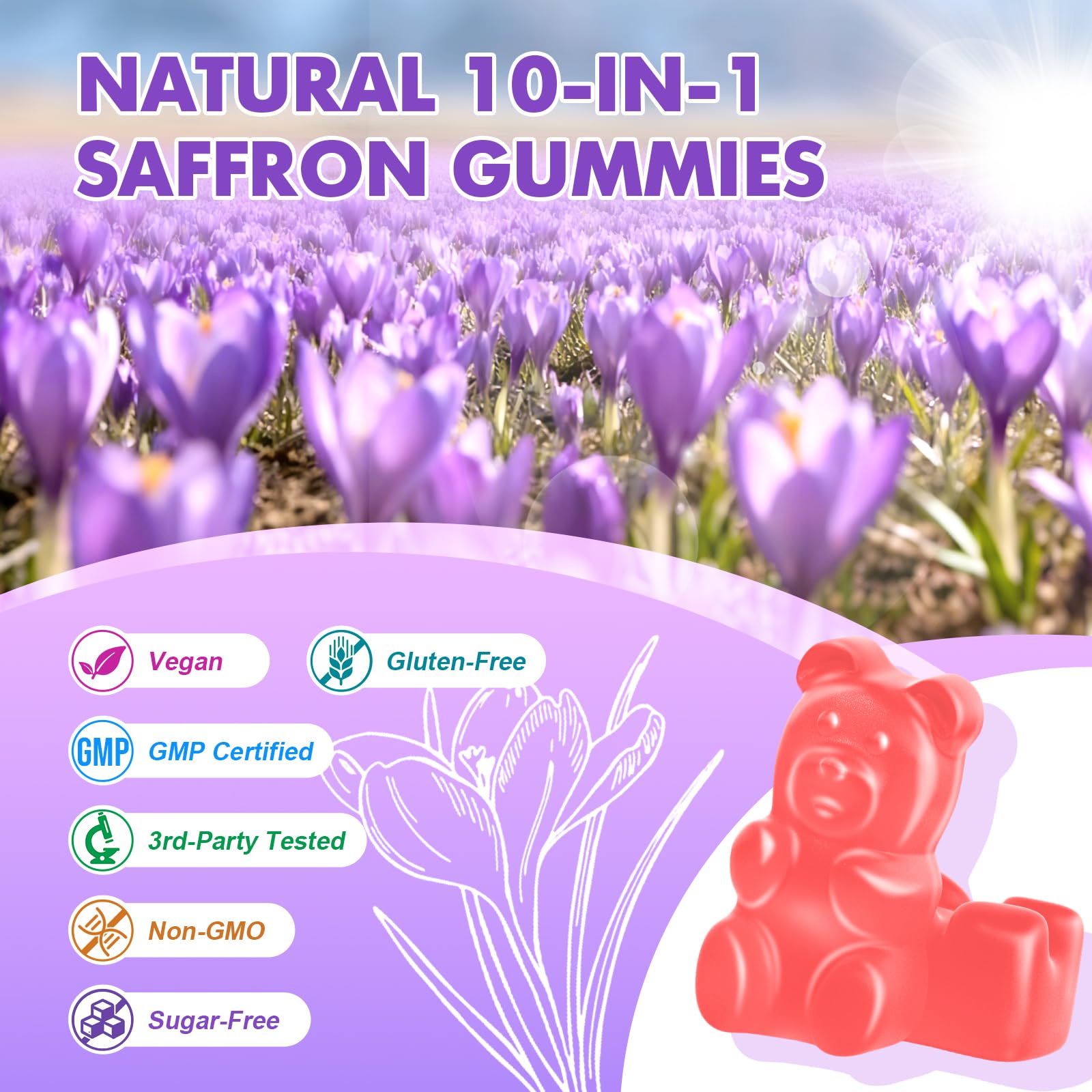 Vegan, non-GMO, gluten-free, gelatin-free label on gummies