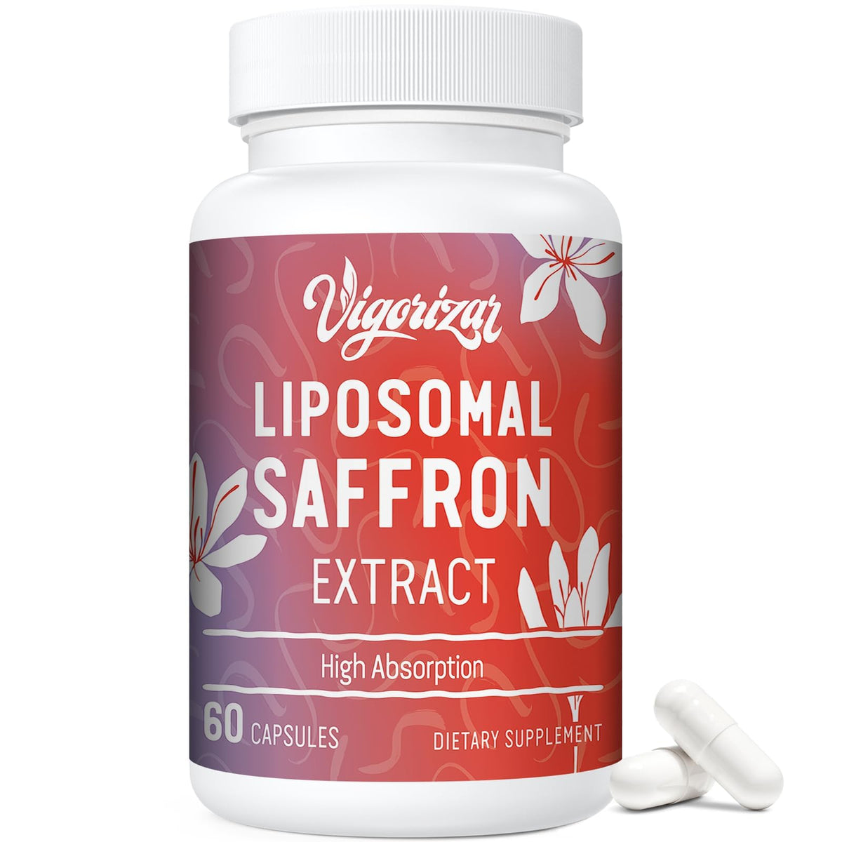 Saffron supplements bottle with label highlighting 88.5 mg saffron extract per capsule