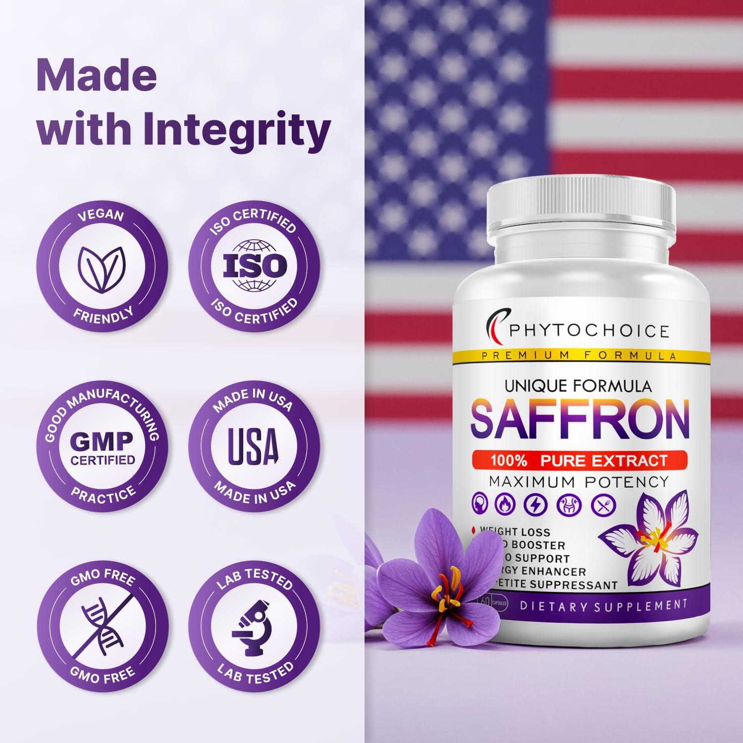 Saffron supplements bottle with 90 capsules