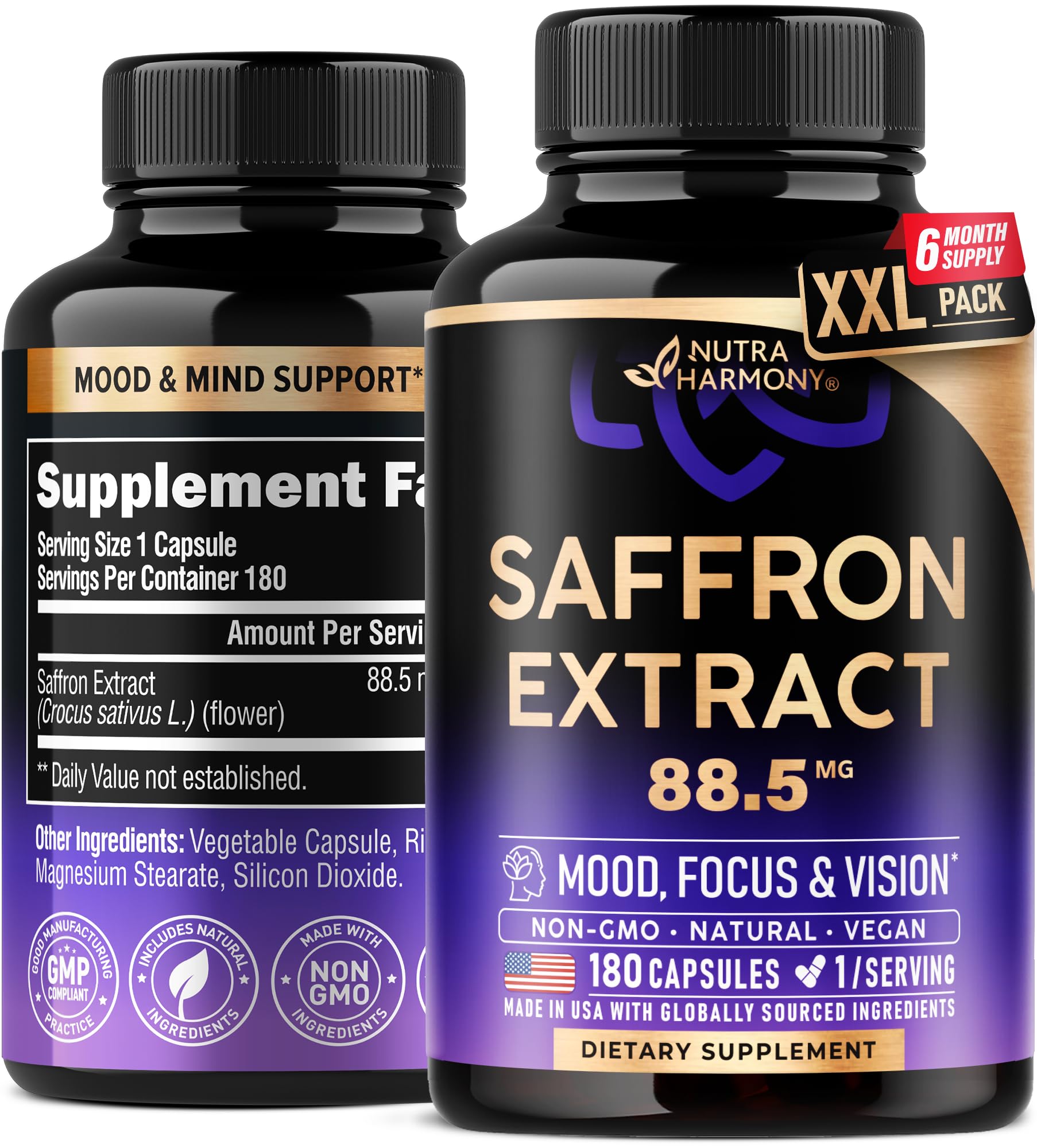 Bottle of natural saffron supplements – USA-made, 88.5 mg per capsule