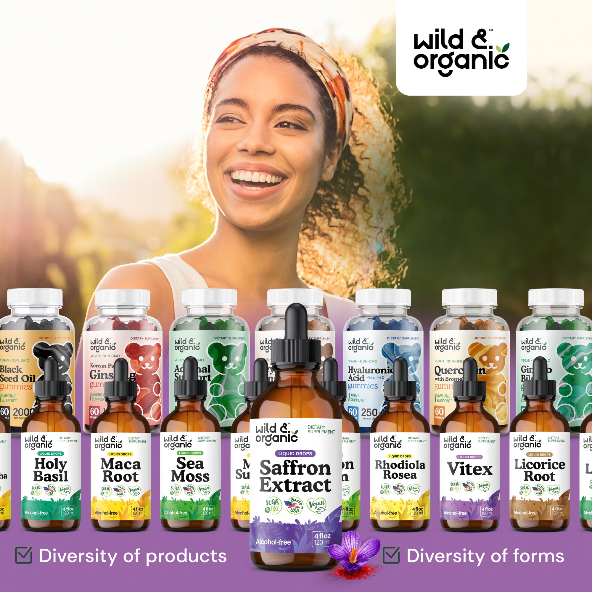 Packaging for Wild & Organic saffron tincture in a 4 oz bottle