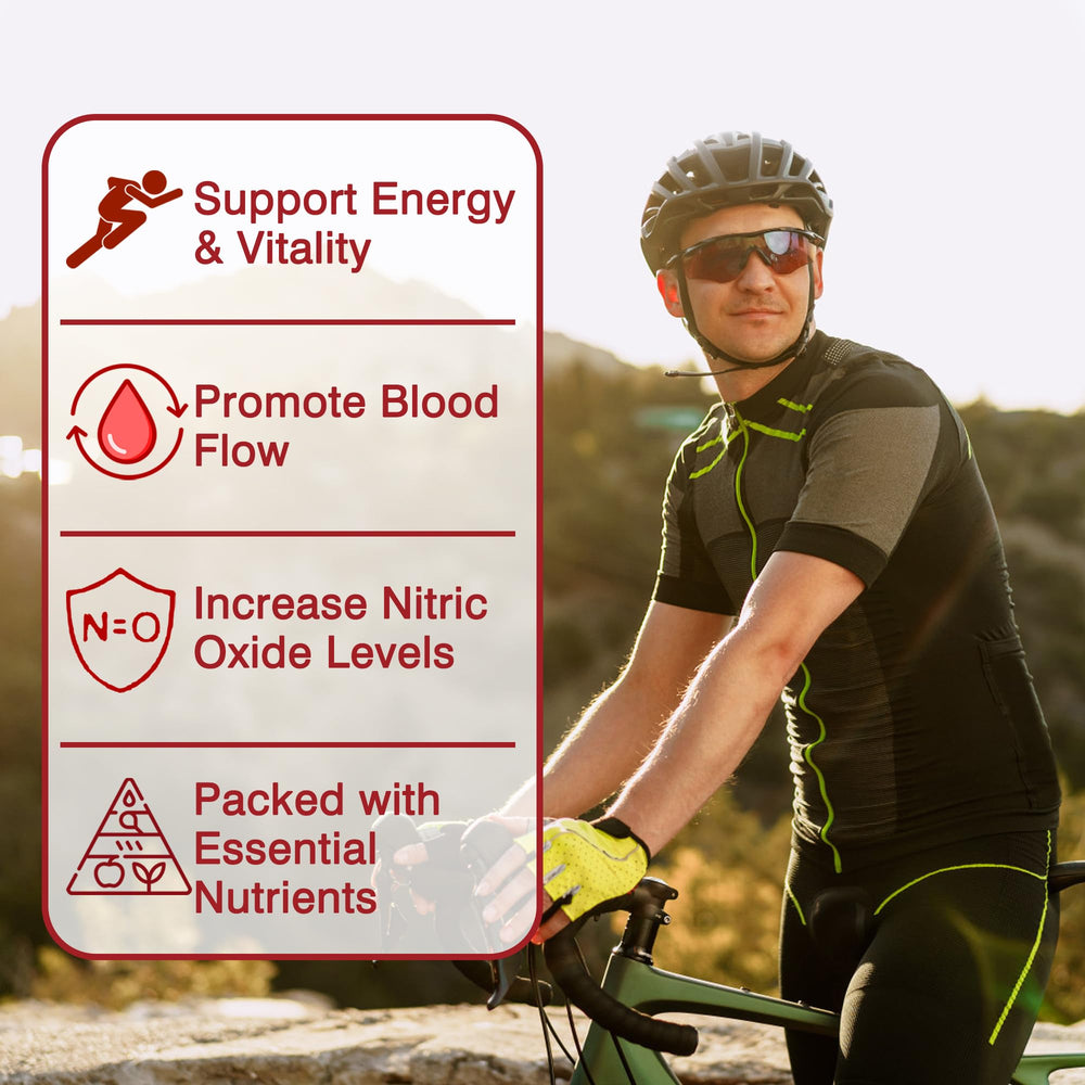 Lifestyle scene showing an active adult taking Safgumjel Beet Root Capsules for daily vitality.