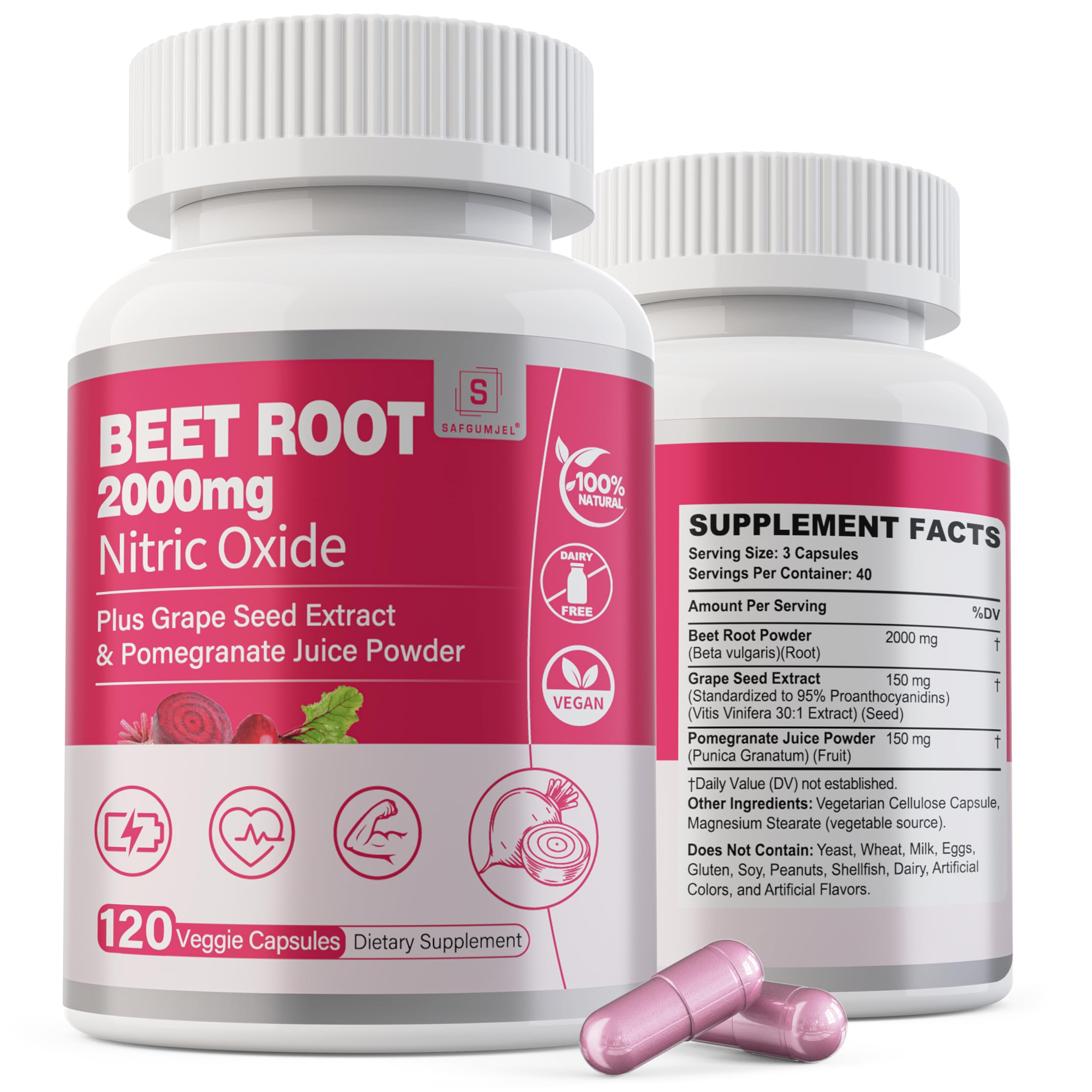 Safgumjel Beet Root Capsules packshot highlighting 2000mg formula for circulation support.